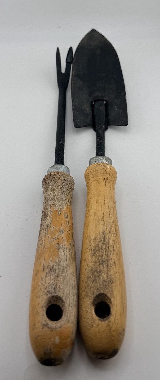 Vintage Garden Hand Tool Set Trowel & Cultivator Fork Wood Handles Metal Heavy