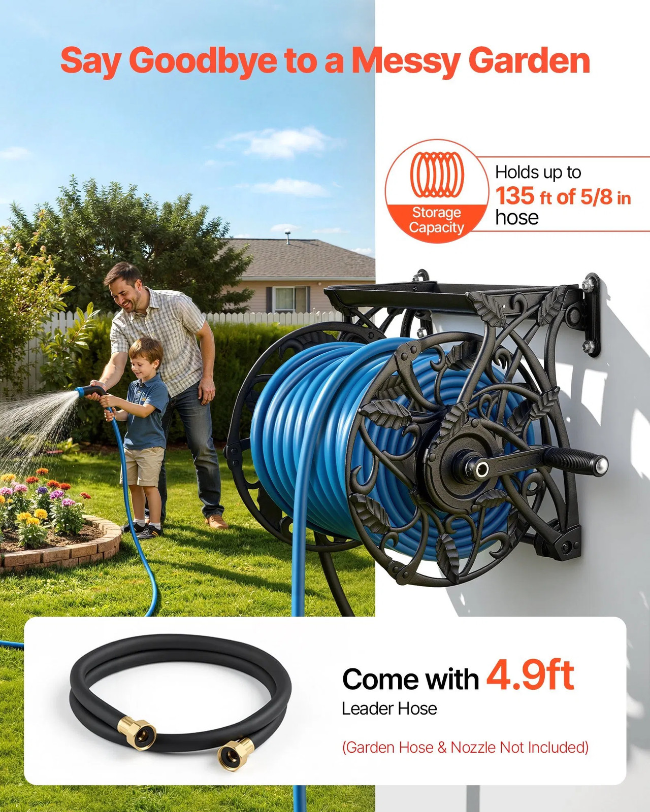 Wall Mounted Garden Hose Reel, Holds 135 Feet of 5/8-inch Hose, Outdoor Heavy-Du
