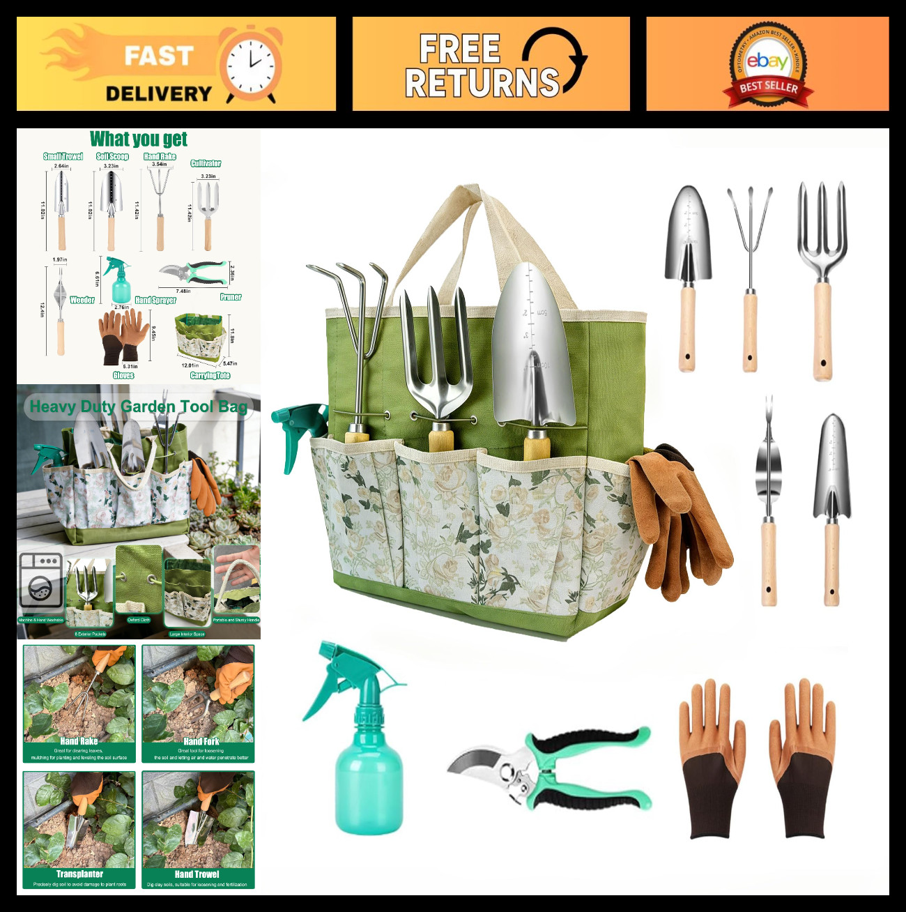 9-Piece Heavy Duty Stainless Steel Garden Tool Set with Green Bag – Perfect Gard