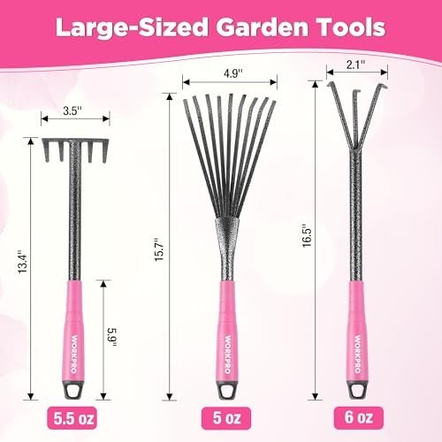 6-Piece Pink Gardening Tool Set – Heavy Duty Hand Tools with Soft Grip, Trowel,