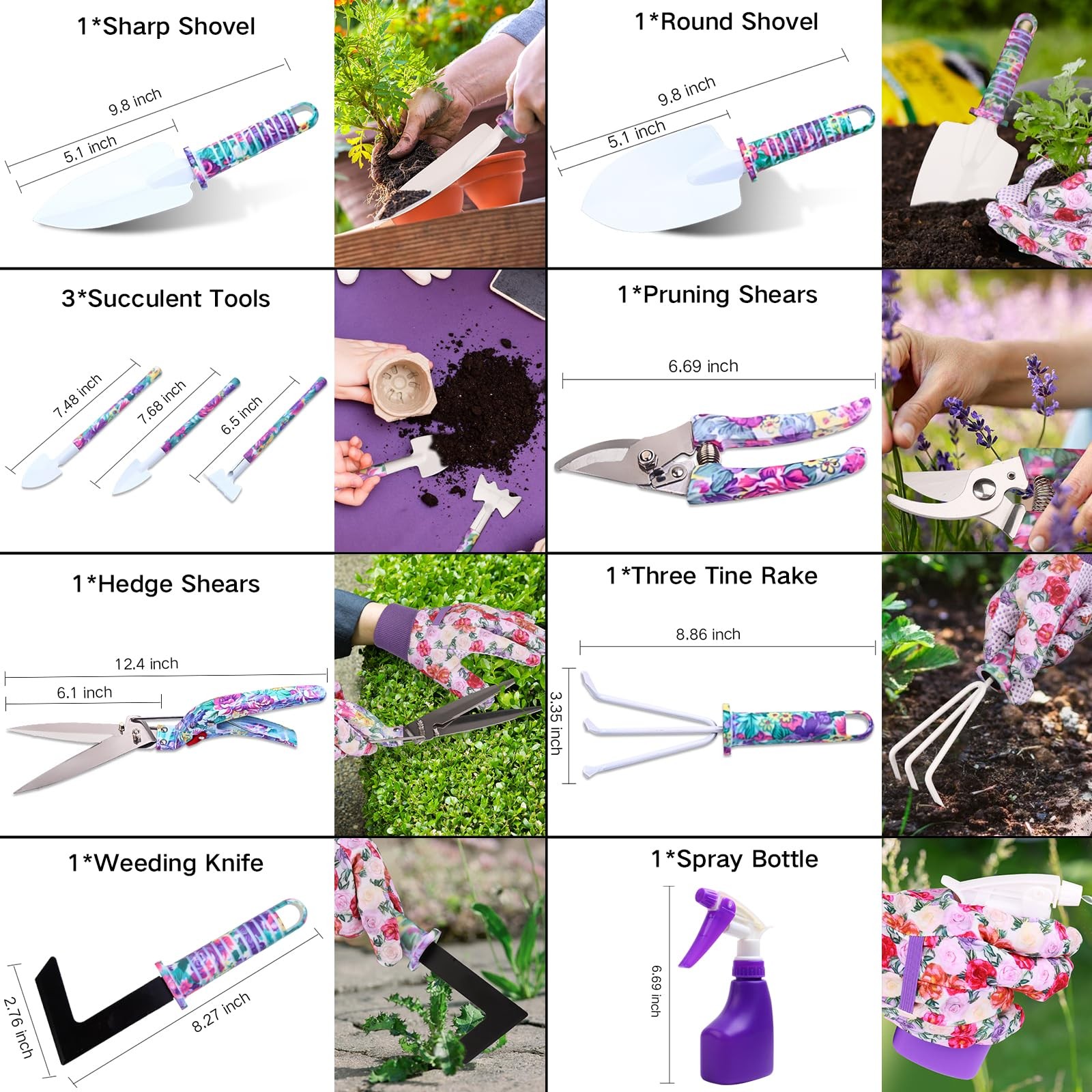 10~Piece Garden Tools Set with Floral Print, Ergonomic Hand Tools