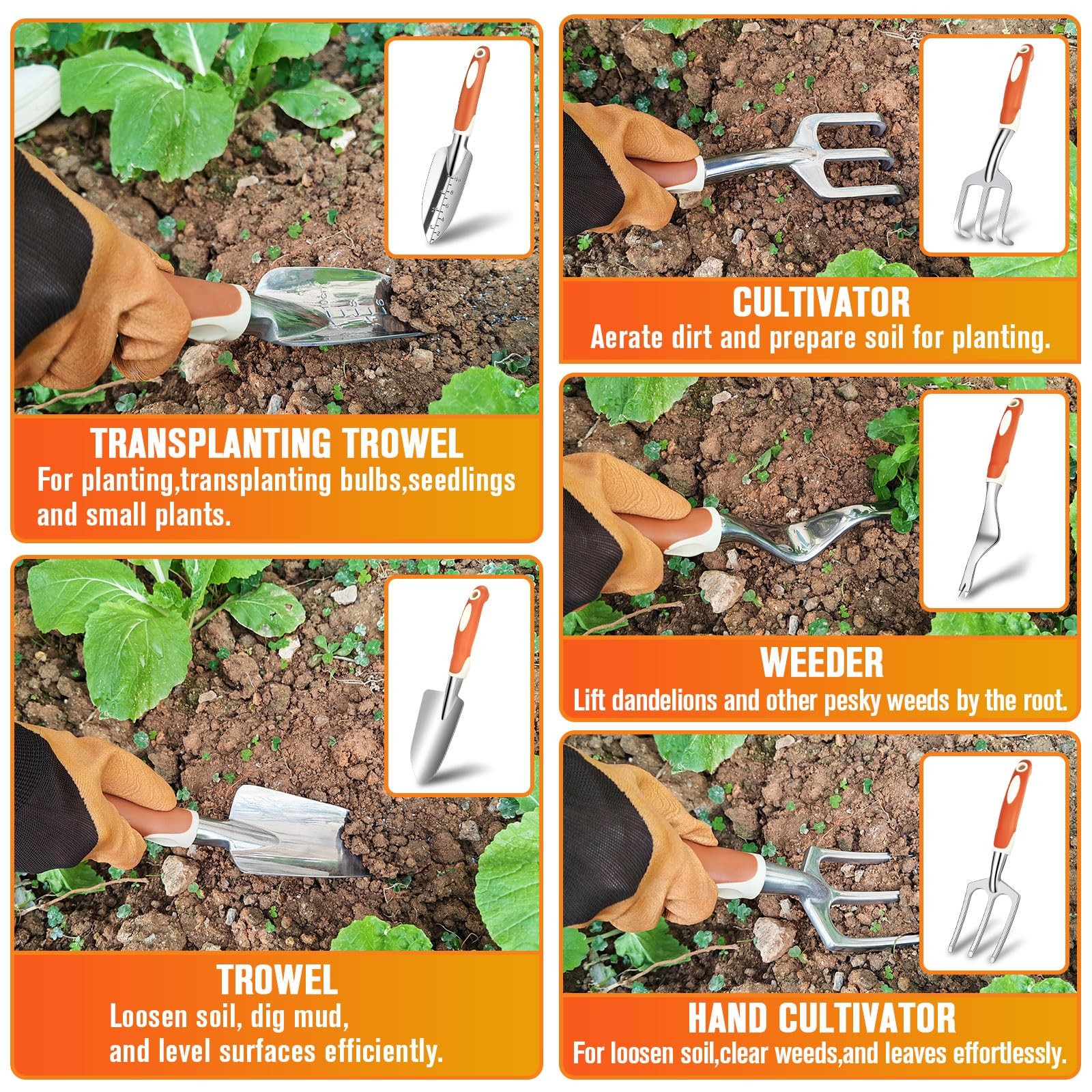 10 PCS Stainless Steel Heavy Duty Garden Tool Set with Storage Bag Kit