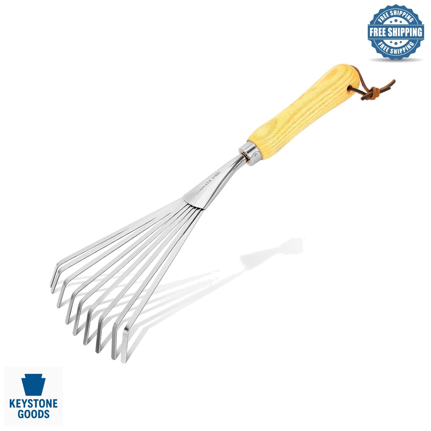Stainless Steel Garden Hand Rake with Ergonomic Wooden Handle