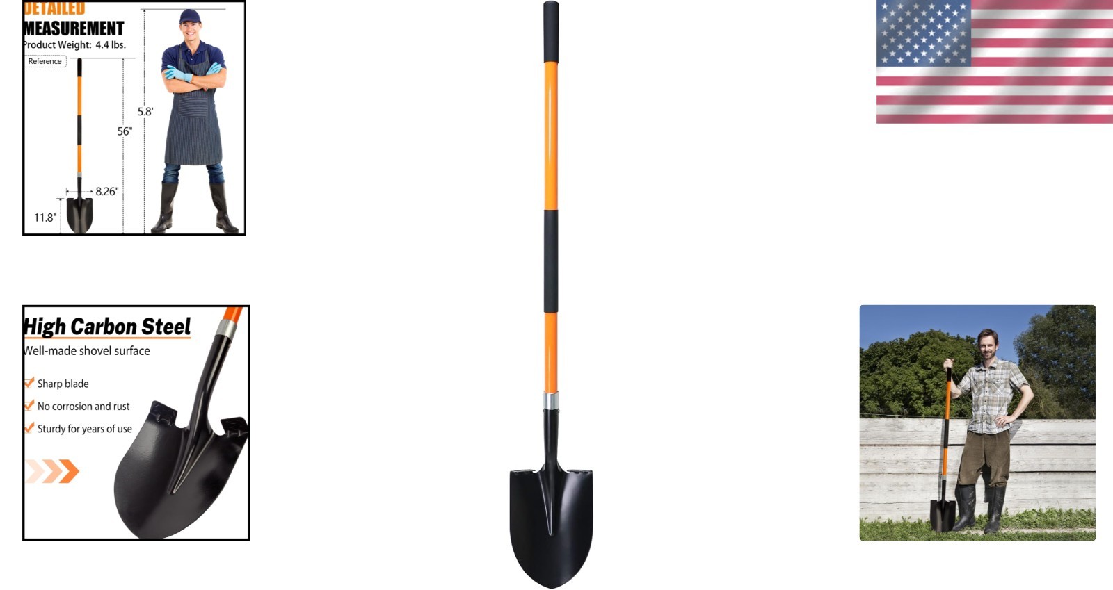 Professional 56″ Heavy-Duty Shovel with Round Blade & Sturdy Fiberglass Handle