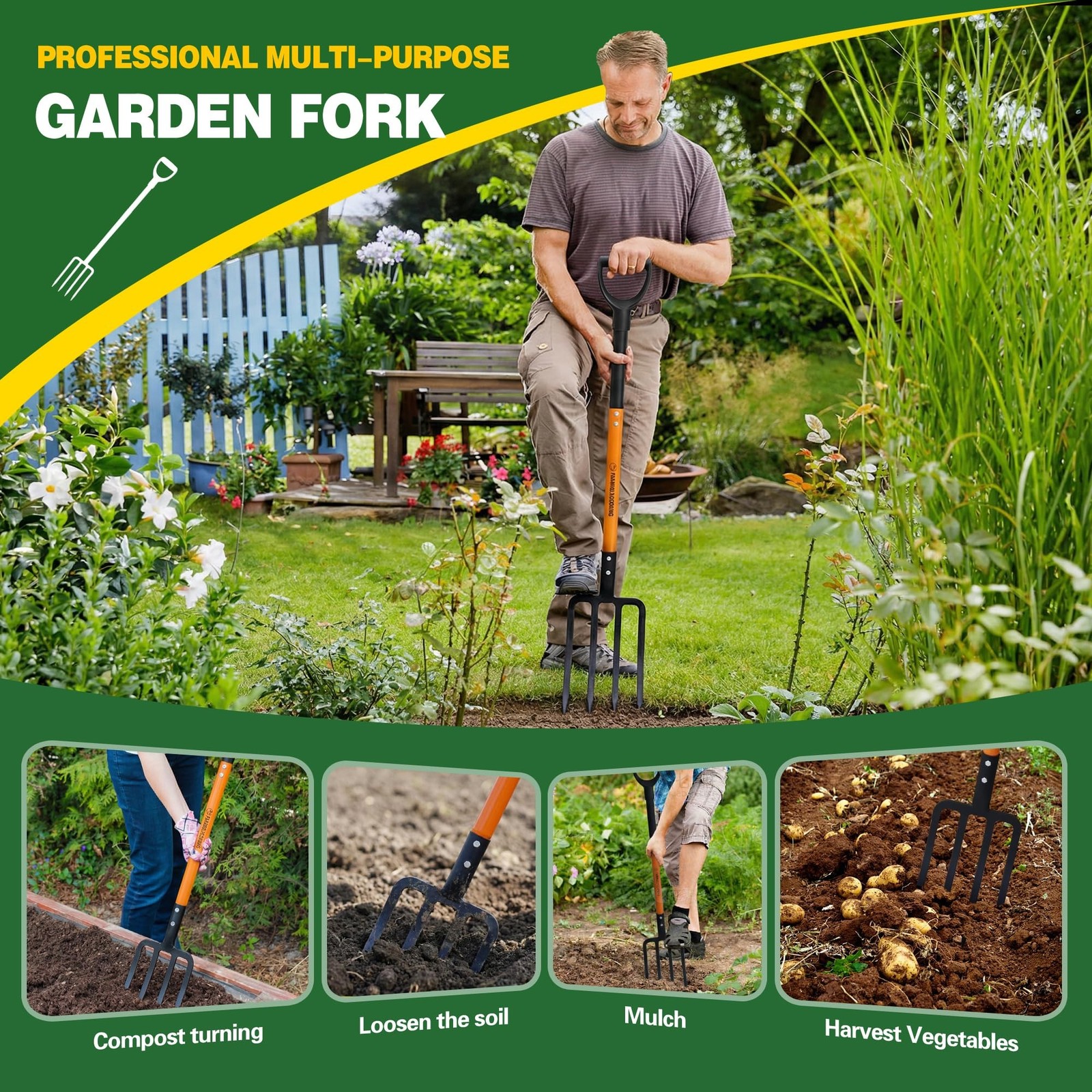 Pitch Fork for Garden, 4-Tines Garden Fork, 45-Inch Spading Fork, H… Fast Ship