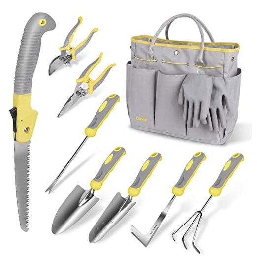Garden Tool Set, 10 Piece Stainless Steel Heavy Duty Gardening Tool Set Yellow