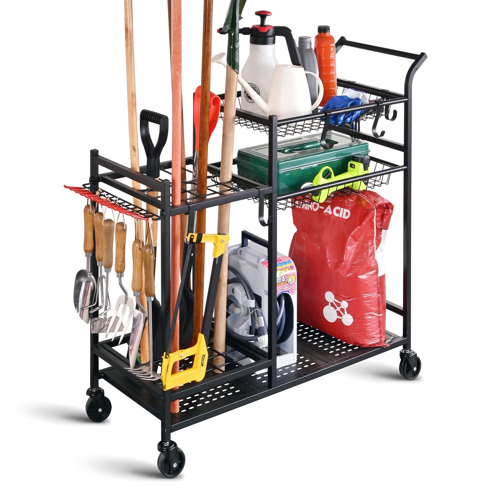 Garden Tool Organizer with Wheels, Garden Tool Rack, Yard Tool Holder for Rak…