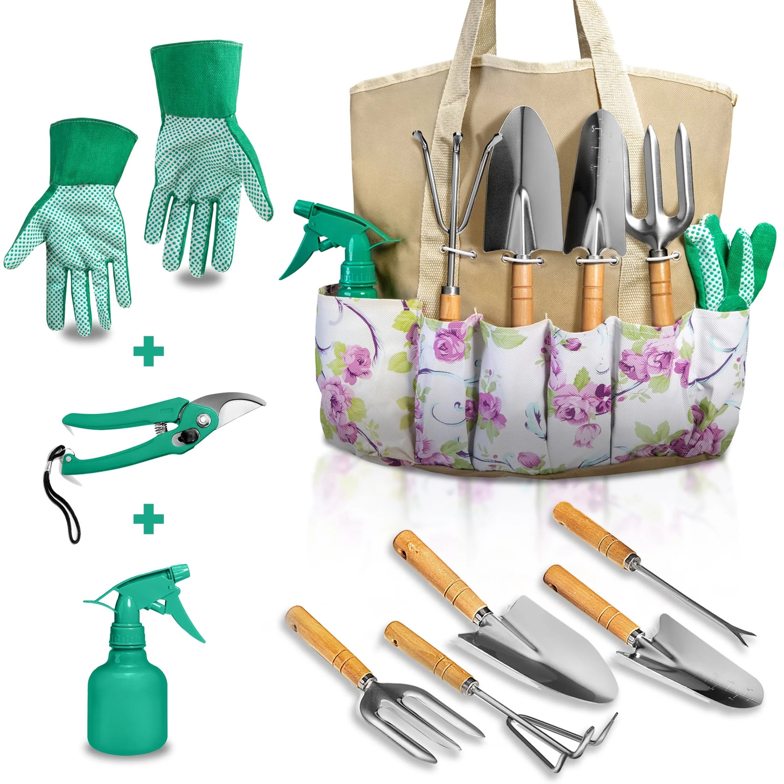 GARDEN TOOL SET 9 Piece Gloves Heavy Duty Cultivator Weeder Pruner Trowel Gloves
