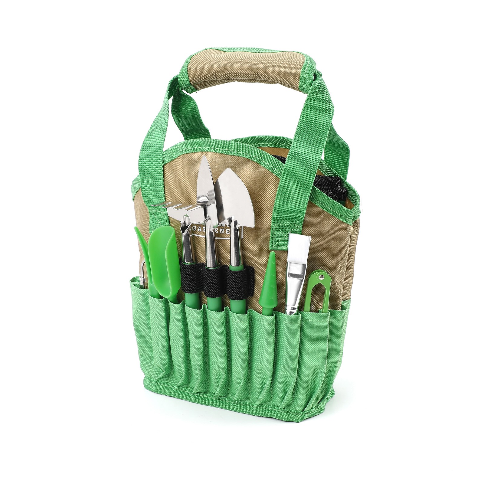 14PCS Stainless Steel Indoor Gardening Tool Set with Storage Tote Green