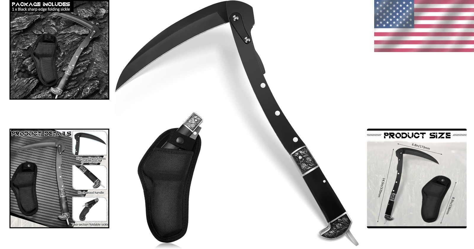 Portable Black Sharp Folding Sickle with Protective Sheath – Ideal for Gardening