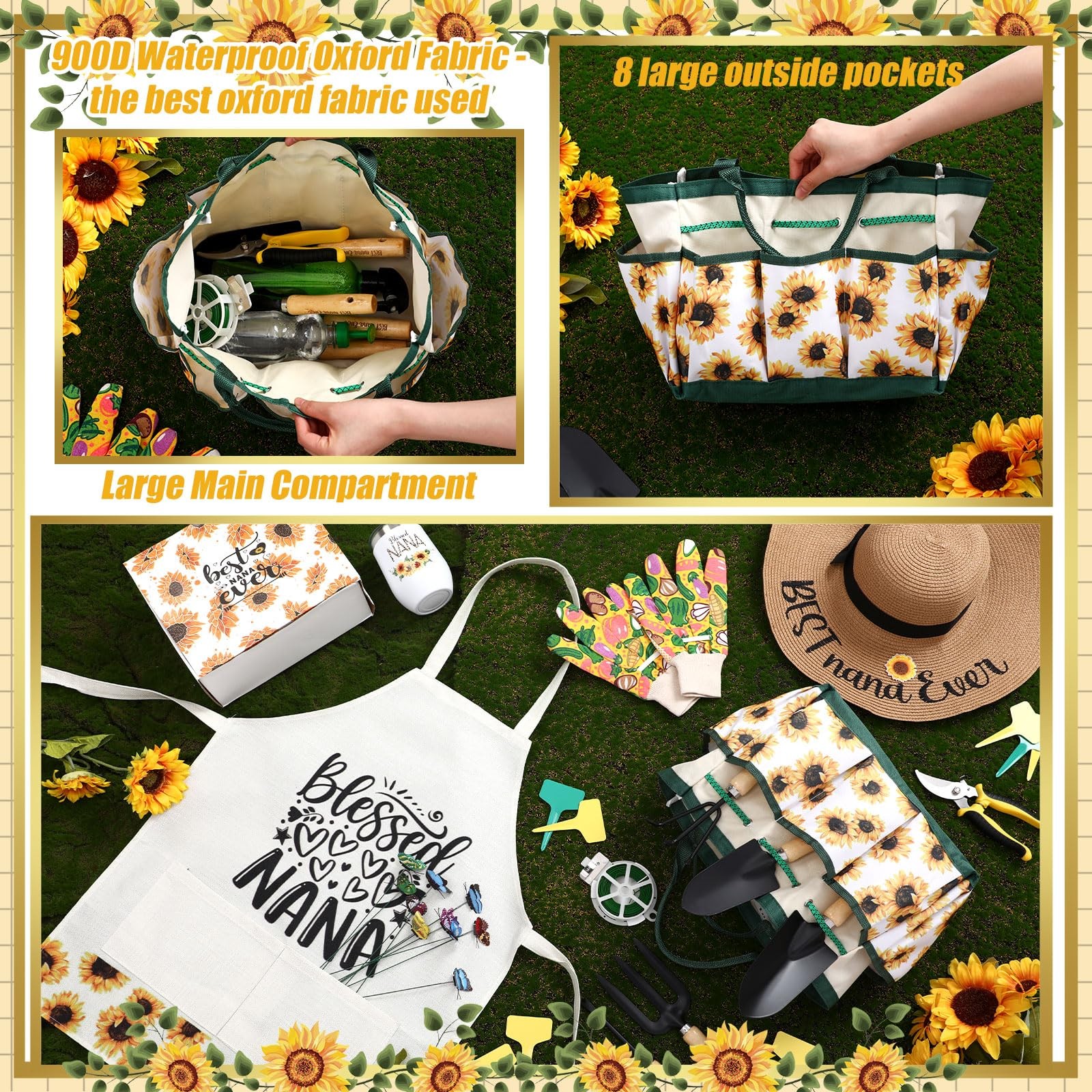 16 Pcs Garden Tools Set for Moms Sunflower Gifts, Gloves, Apron & Tote