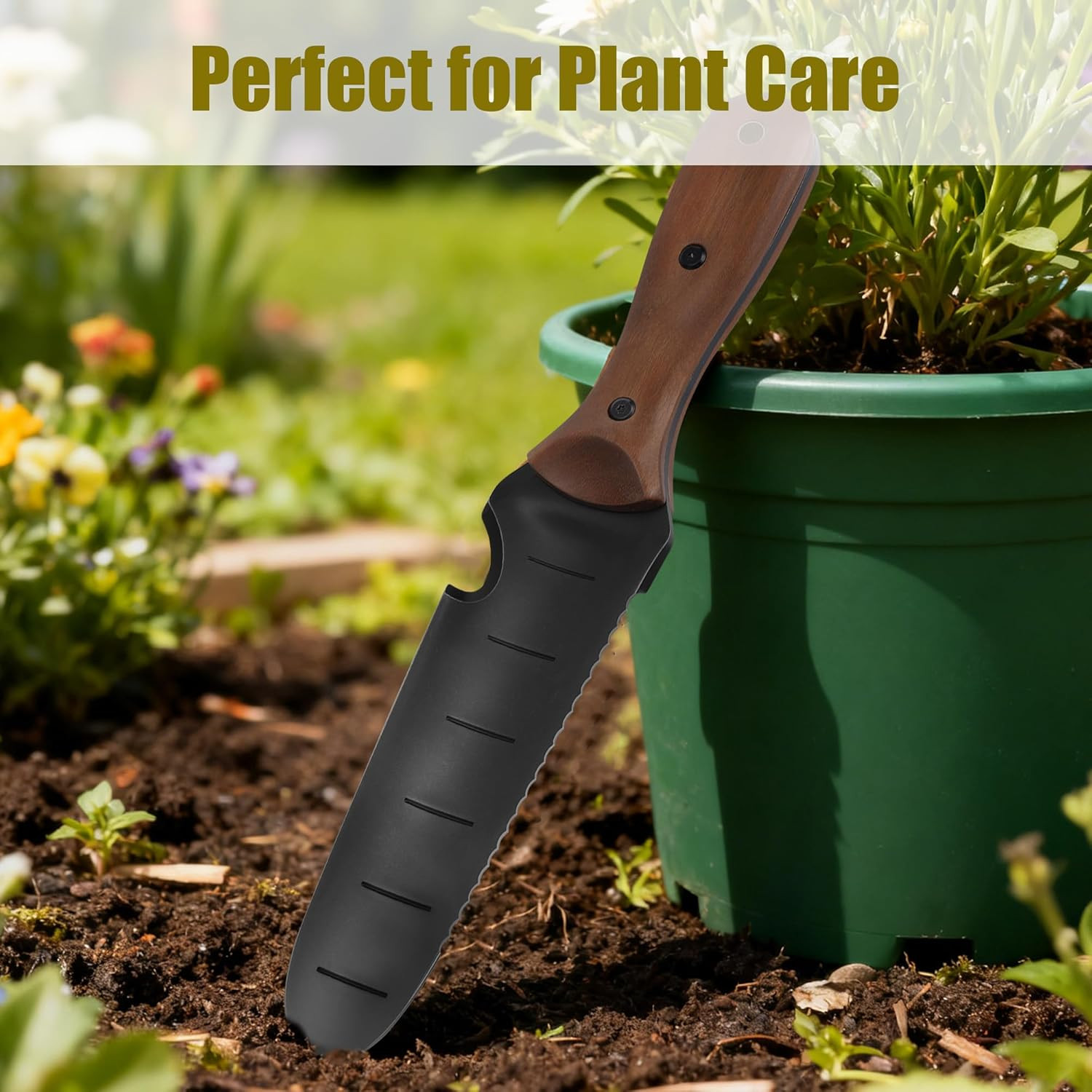 12-Inch Garden Trowel with Full-Tang Wooden Handle & Black Stainless Steel Blade