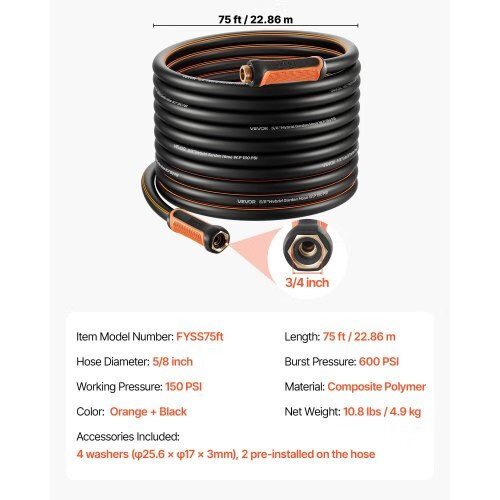 Garden Hose, 75 ft 5/8″ Heavy Duty 4-Layer Rubber Water Hose, 150PSI Working & 6