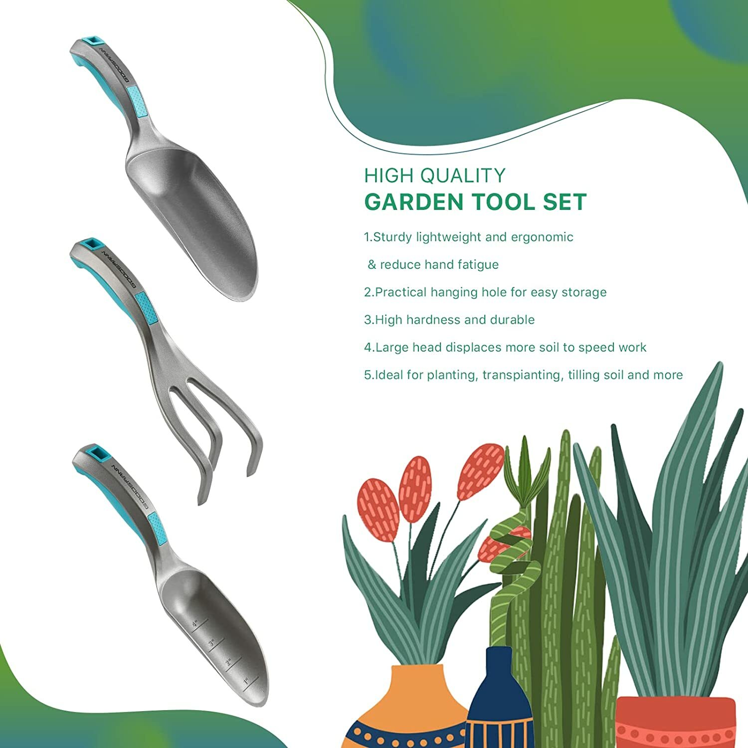 GOODSMANN Garden Tool Set, Die-Cast Aluminum Hand Shovel Cultivator Transplanter