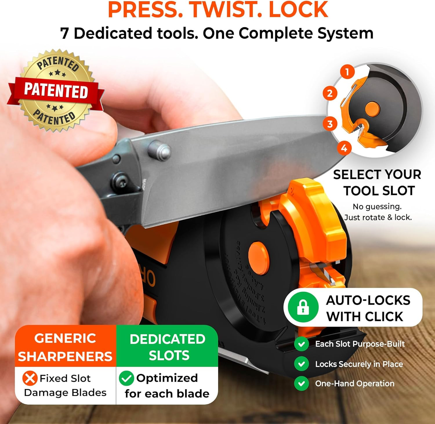 Orange Ninja 7-In-1 Garden Tool & Knife Sharpener – Sharpens Axe, Hatchet, Mache