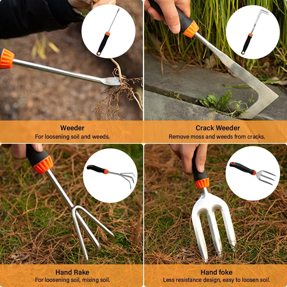 Garden Tool Set,10 PCS Stainless Steel Heavy Duty Gardening Tool Set with Soft R