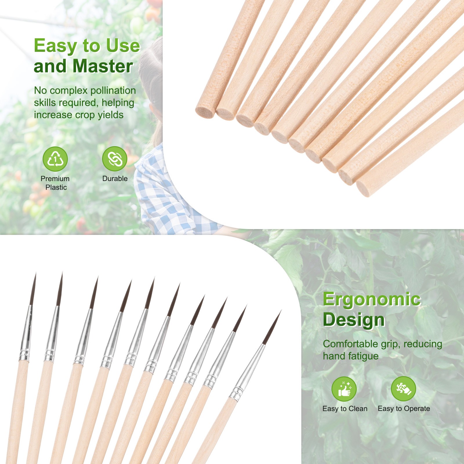 10-Pack Pollinator Brush, 0.7inch/1.8cm Wooden Vegetable Pollinator Pen [Beige]
