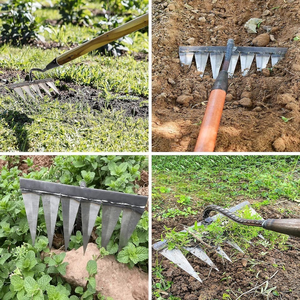 Heavy Duty Garden Rake 5 Sharp Metal Tines Steel Hand Tool for Lawn Weeding