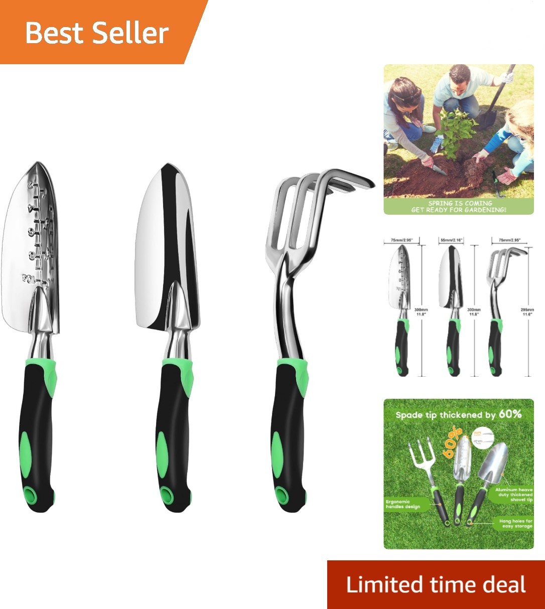 Heavy Duty Gardening Kit – 3 Tools with Non-Slip Ergonomic Grip for Comfort