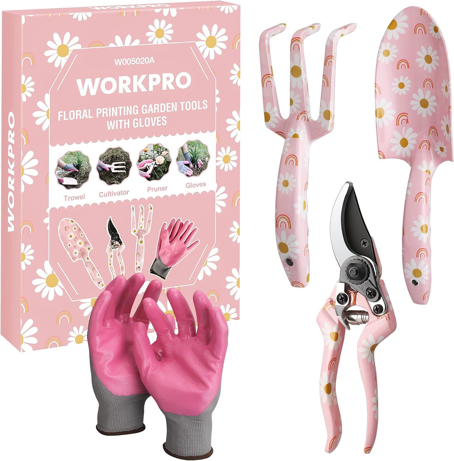 Aluminum Garden Tool Set, 4-PCS, Hand Garden Tools, Trowel, Rake, Pruner, Gloves