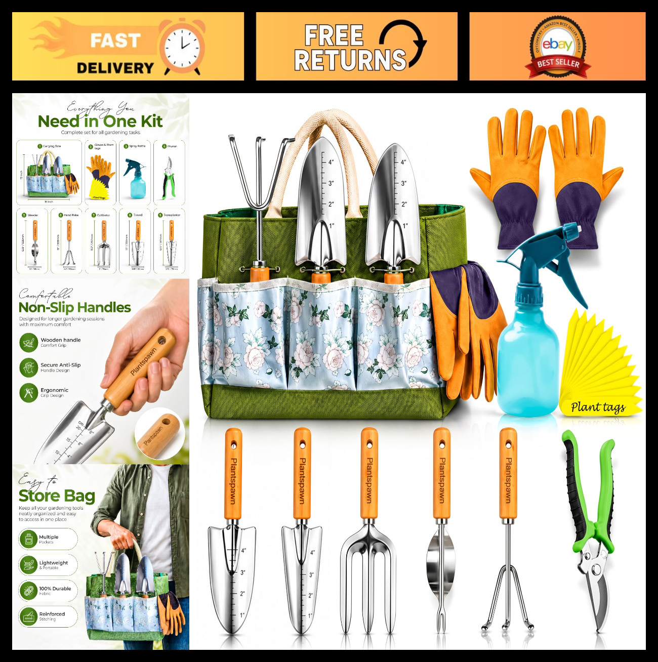 9-Piece Gardening Tools Set with Organizer Bag, Heavy-Duty Rust-Proof Hand Tools