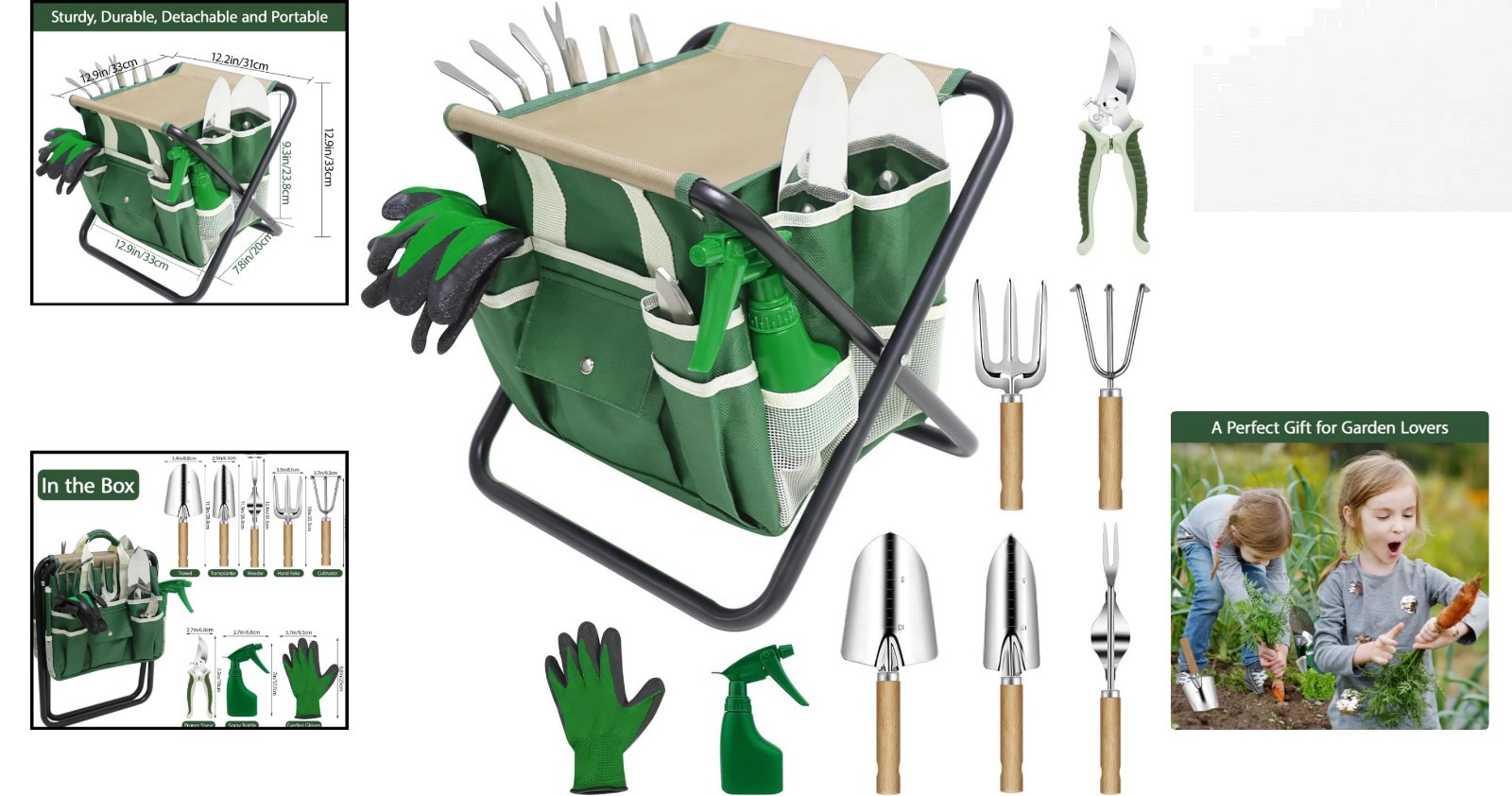 10-Piece Garden Tool Set with Folding Stool & Tote – Gifts for Gardeners