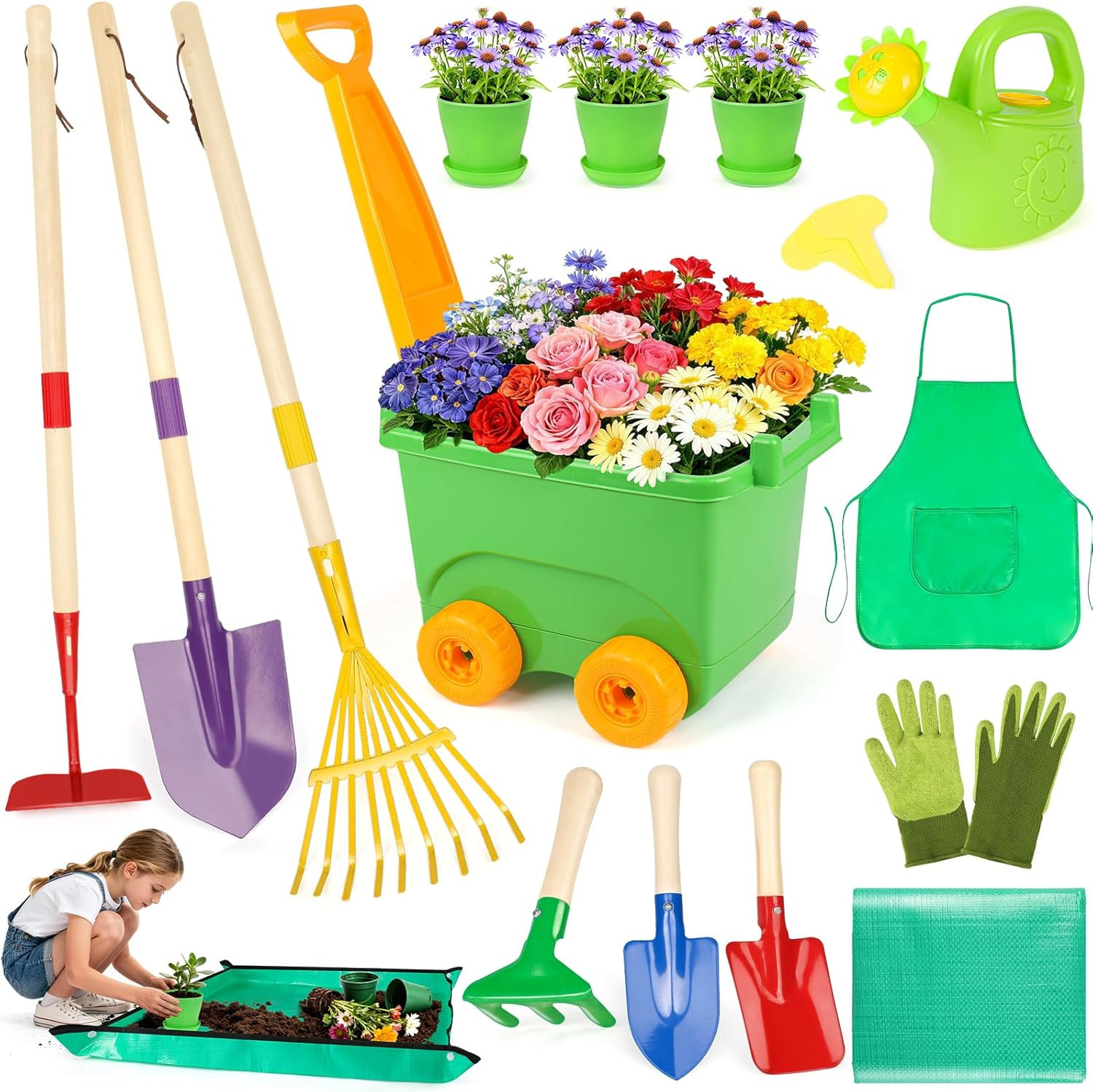 Kids Gardening Set, Outdoor Toys with Wheelbarrow and Kids Garden Tools, Toddler