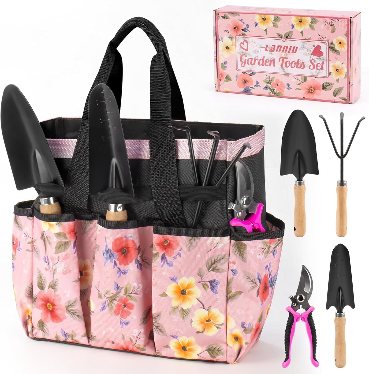 5-Piece Pink Gardening Tools Set with Floral Bag – Perfect Gift for Her