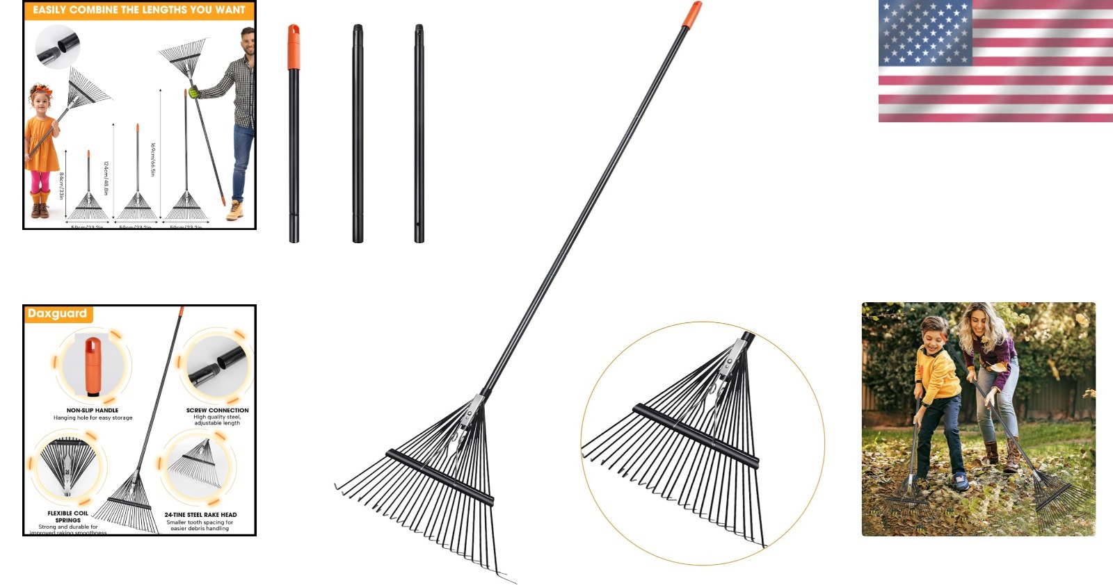 Lightweight 23.2″ Gardening Rake – Quick Assemble with Spiral Connection