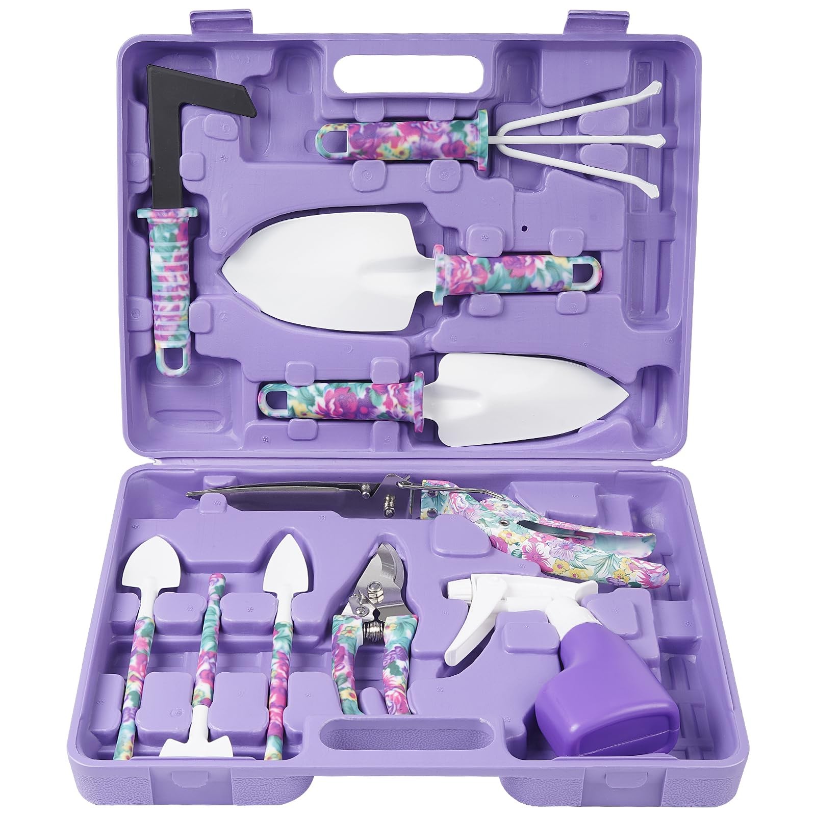 10 Piece Floral Print Garden Tool Set, Ergonomic Handle, Trowel, Rake, Case