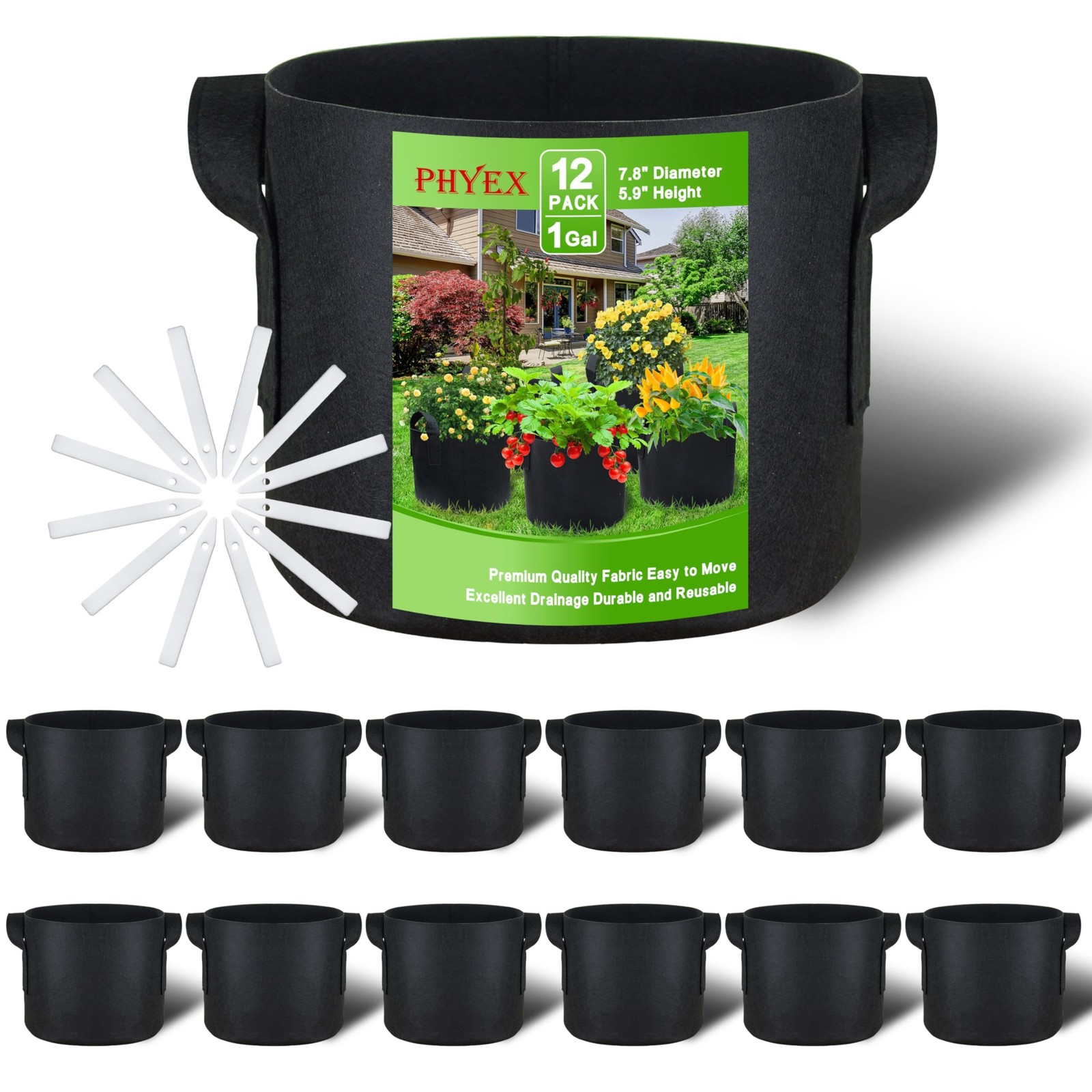 12-Pack 1 Gallon Nonwoven Grow Bags, Heavy Duty Aeration Fabric Pots with Dur…