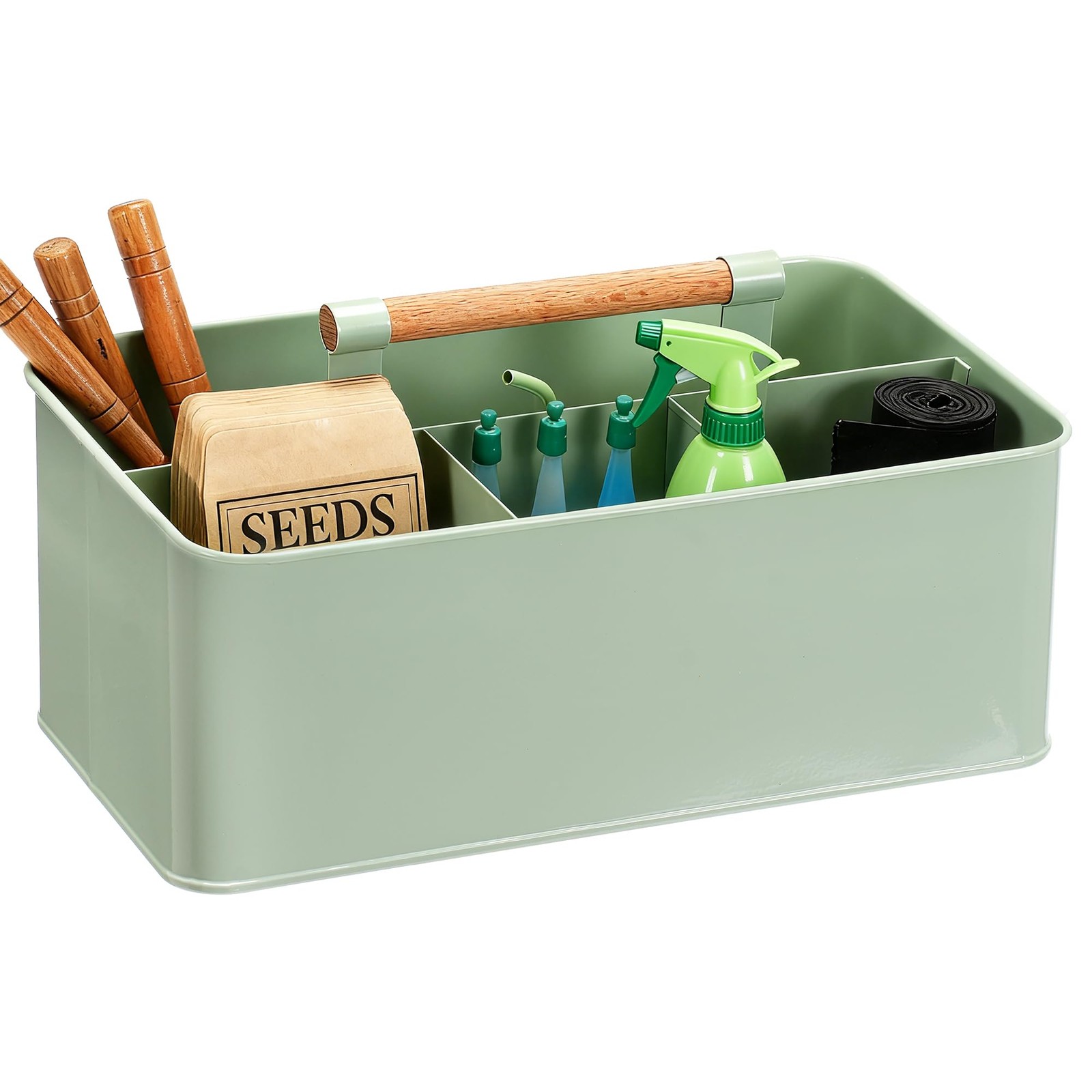 Garden Tool Organizer with Wooden Handle, 4-Compartment Metal Caddy
