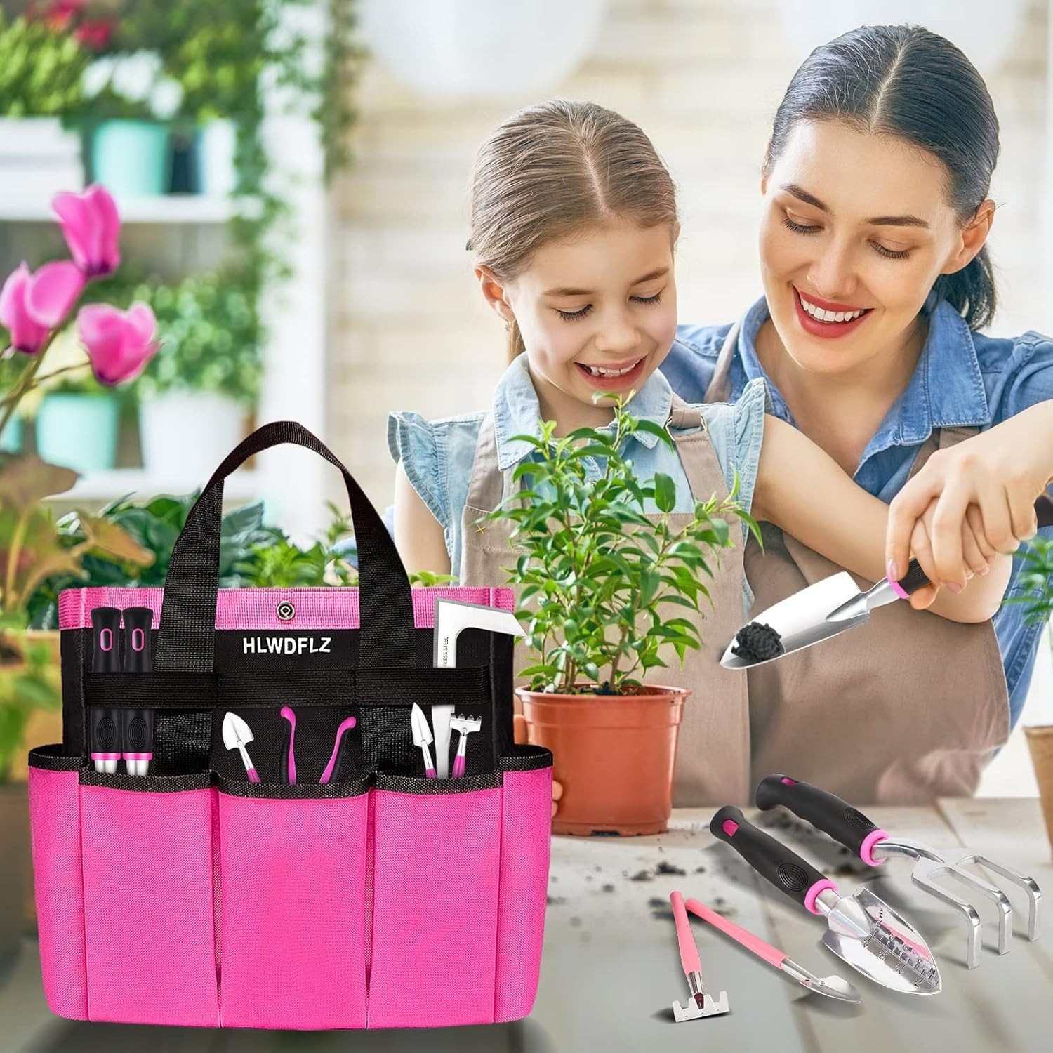 Pink Garden Tool Set 24PCS Heavy Duty with Detachable Waterproof Storage Bag