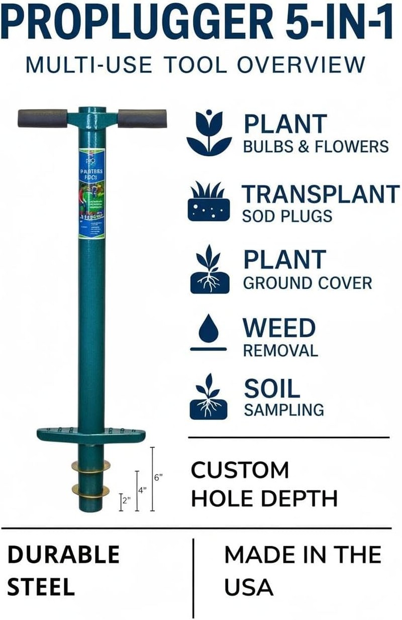 Proplugger 5-IN-1 Lawn Tool and Garden Tool, Bulb Planter, Weeder, Sod Plugger,