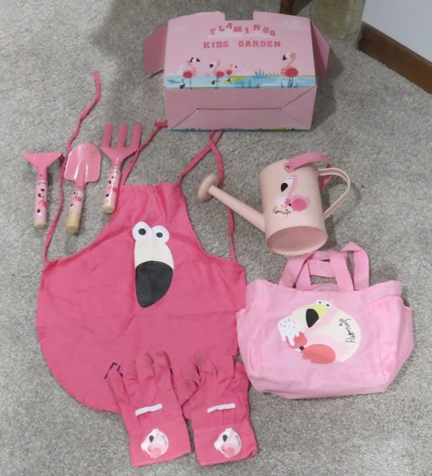 7 Piece Kid’s Pink Gardening Set-Tools, Watering Can, Gloves, Apron, Tote Bag