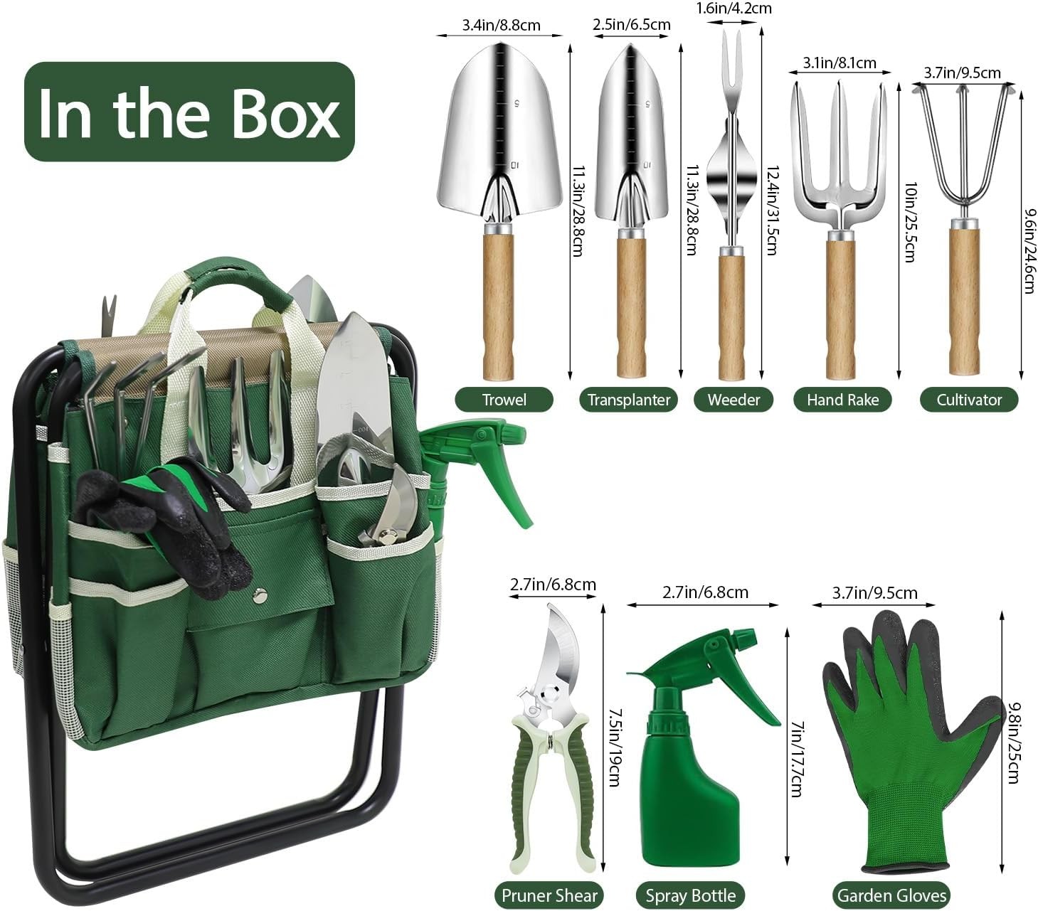10-Pc Garden Tool Set w/Folding Stool, Tote, Stainless Steel Tools