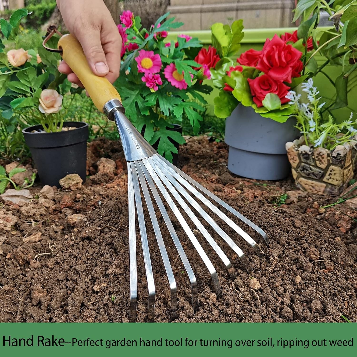 Hand Rakes, Garden Stainless Steel Hand Rake Soil Tiller with Ergonomic Handle,