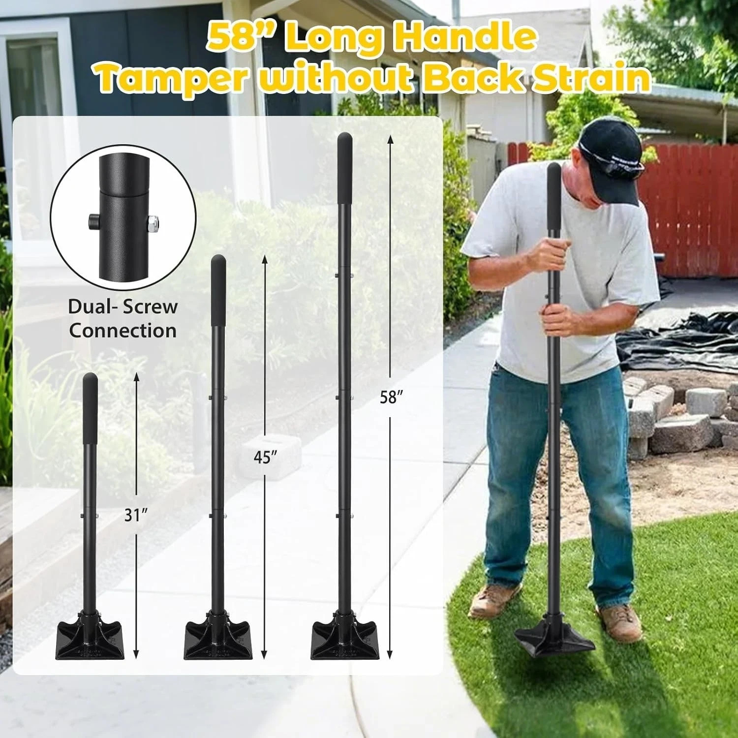 Tamper Tool: Heavy Duty 8″X 8″ Steel Ground Tamper Tool for Garden Yard,58″ Long