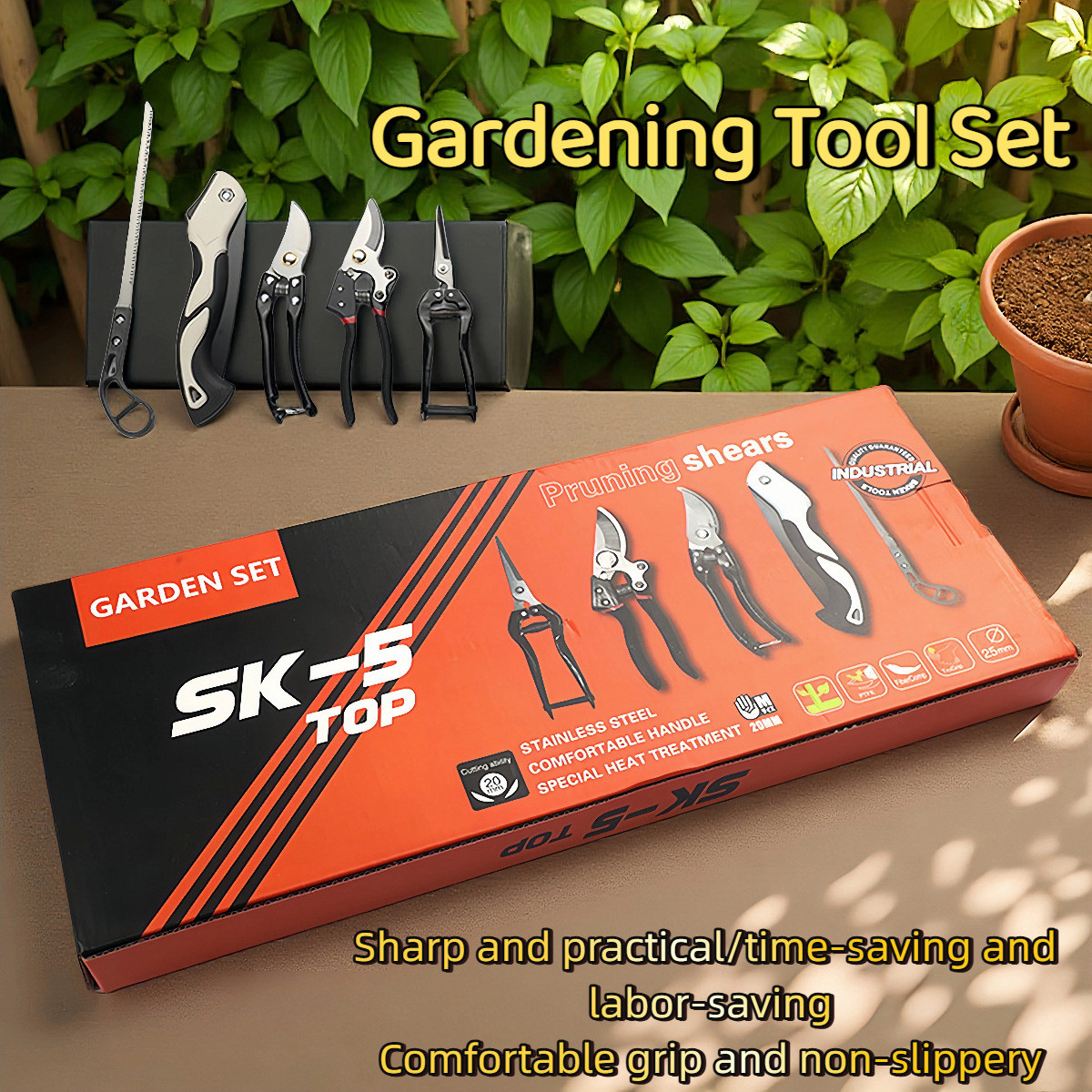 5-Piece Gardening Tool Set with Pruning Shears, Folding Saw & Storage Case – Hea