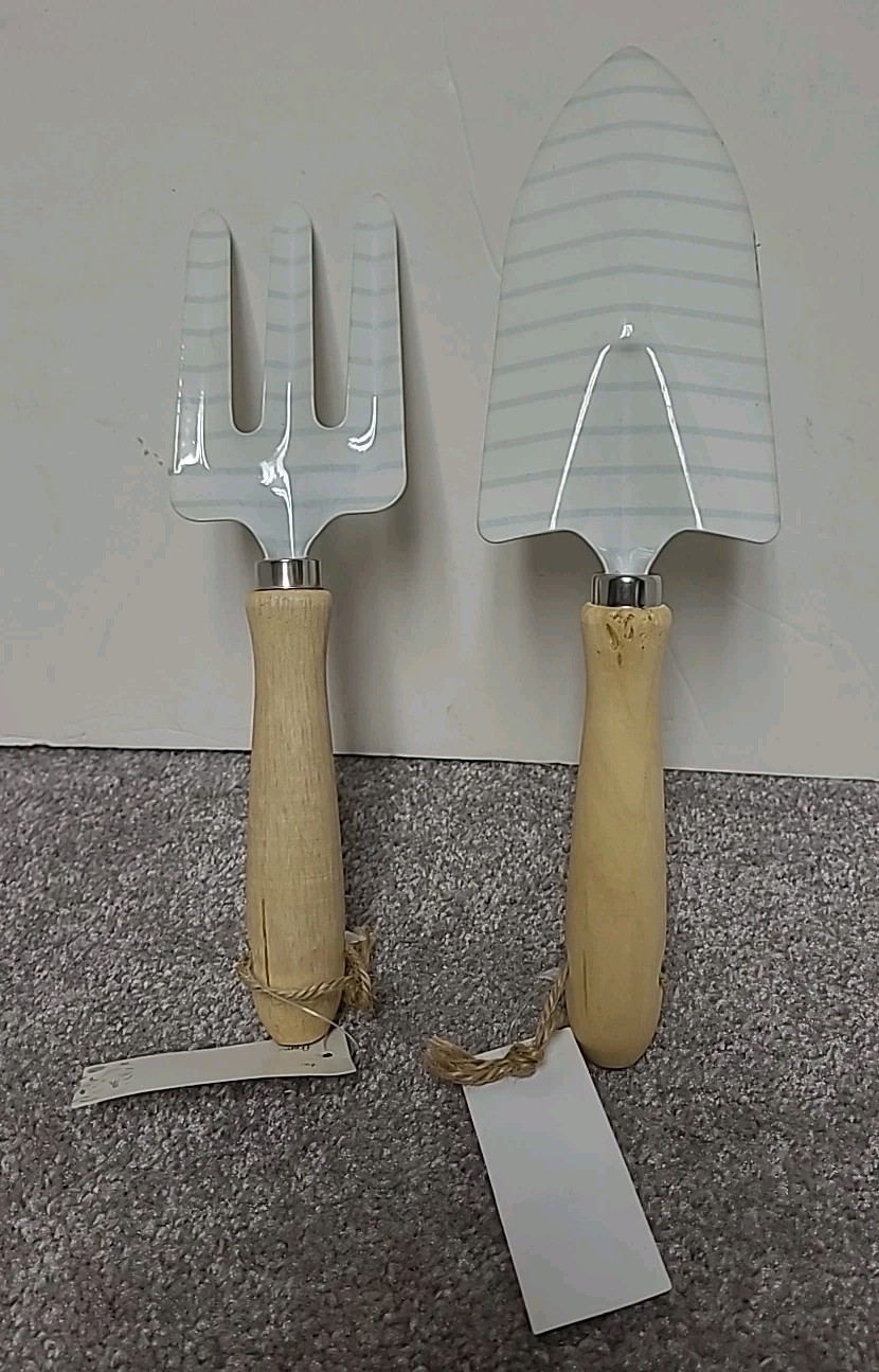Garden Tool Set (2 pc) Metal Hand Trowel and Fork w/ Wood Handles and Hangers