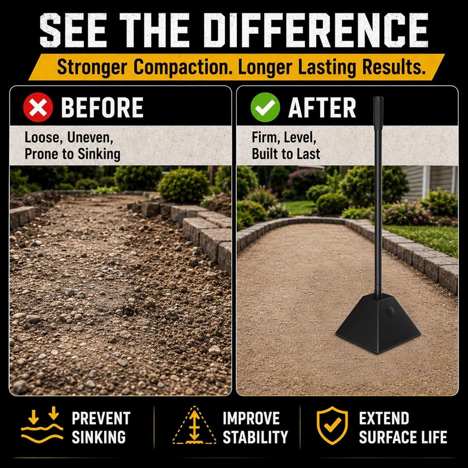 Heavy Duty Ground Tamper 8″x8″ – Up to 13LB Steel Tamper Tool for Pavers, Drivew