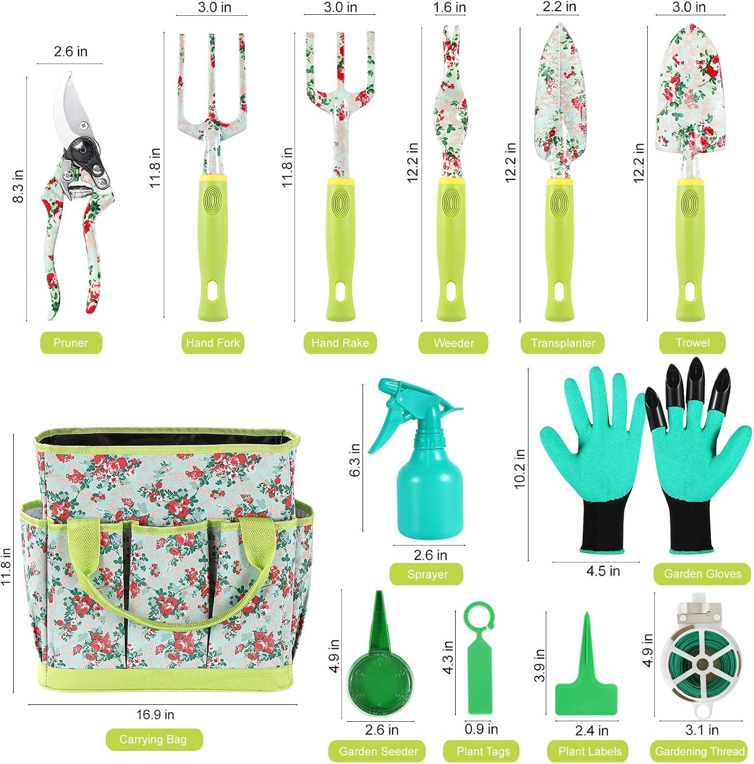 Gardening Tool Set – 13 PCS Heavy Duty Aluminum Tools Kit Floral Print Garden
