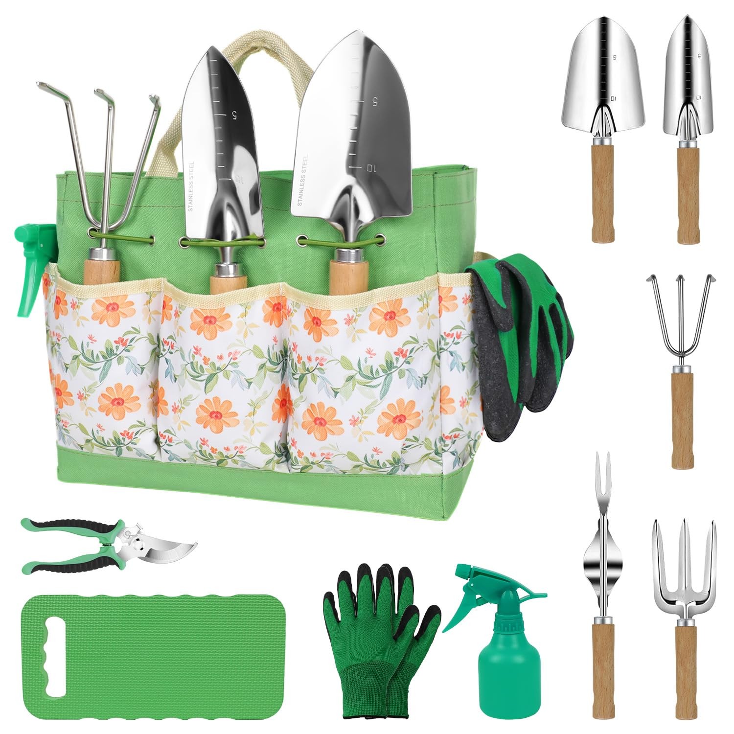 10 PCS Gardening Tool Set Heavy Duty Wood Handle Yellow Floral Gift Bag