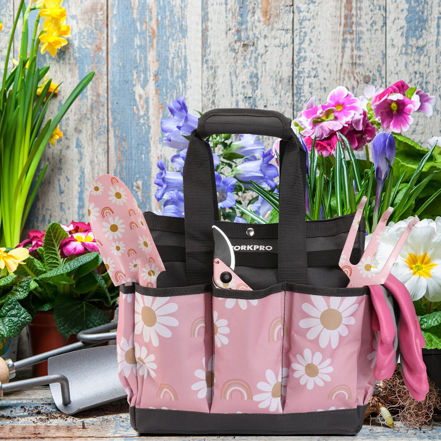 WORKPRO Garden Tool Bag Holder 9Pocket Heavy Duty Oxford Garden Tool Storage Bag