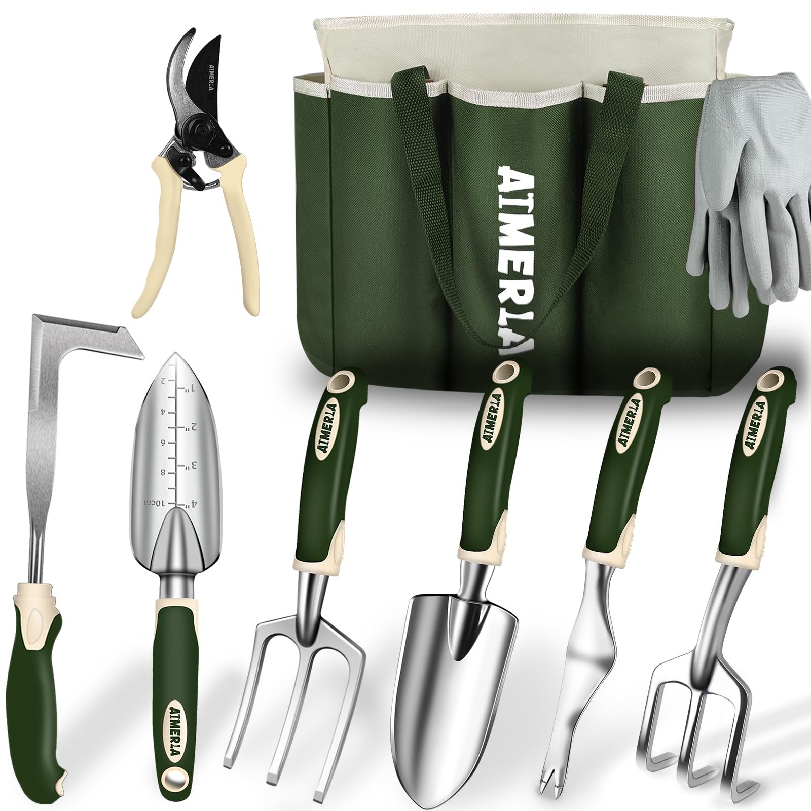 9~Piece Heavy Duty Garden Tool Set with Bag, Non~Slip Grip, Dark Green