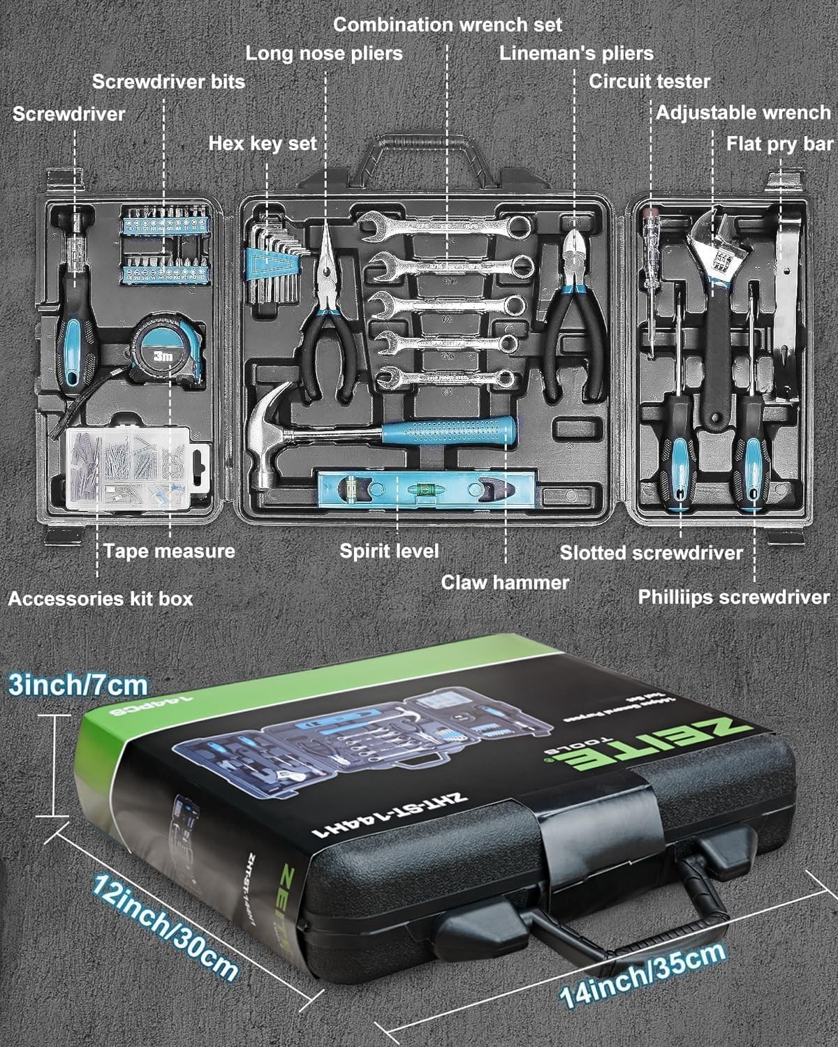 144Pcs Household Hand Tool Kit Storage Box Hammer Pliers Wrench Screwdriver