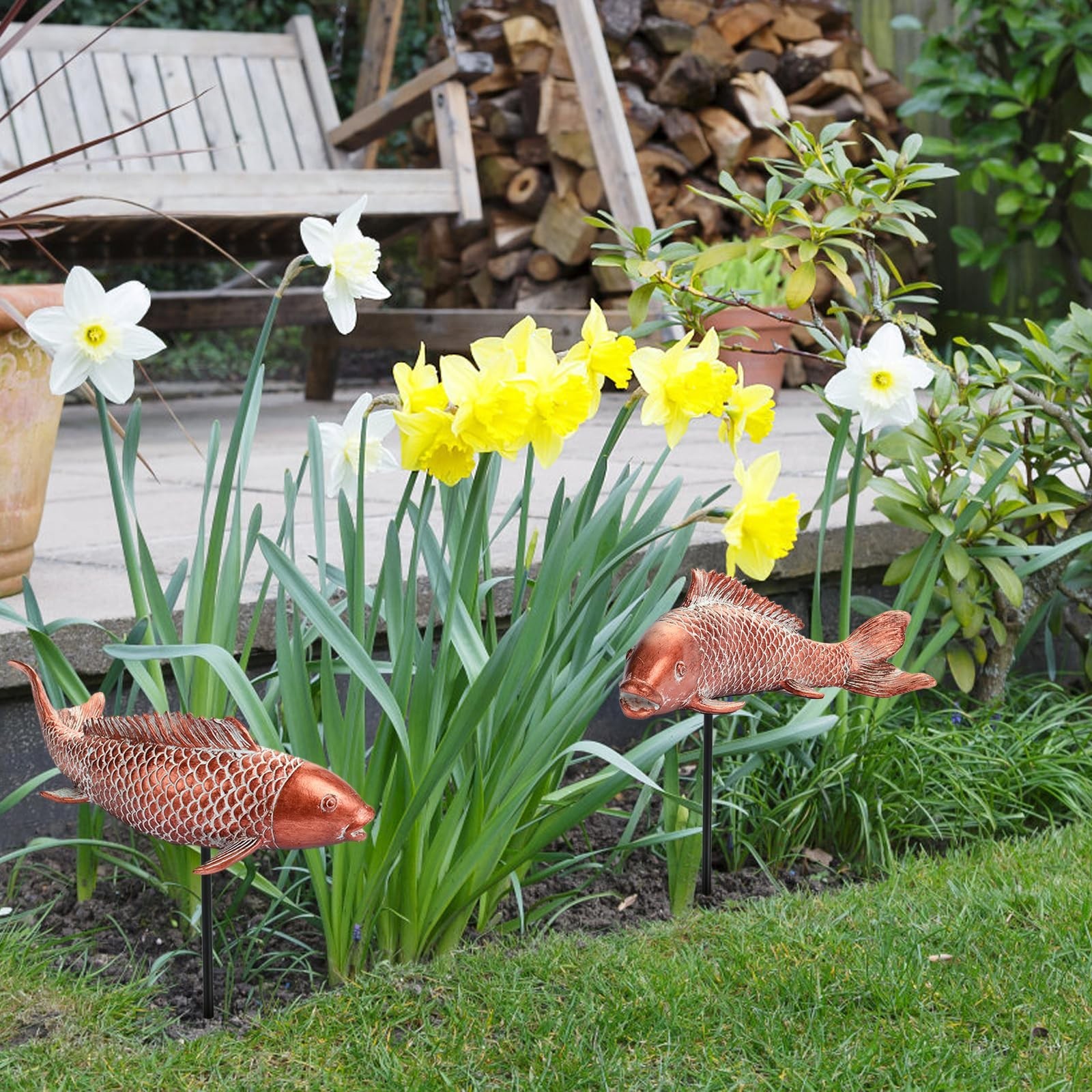Garden Statues Koi Fish Decor Outdoor Garden Fish Statues, Set of 2 Antique C…