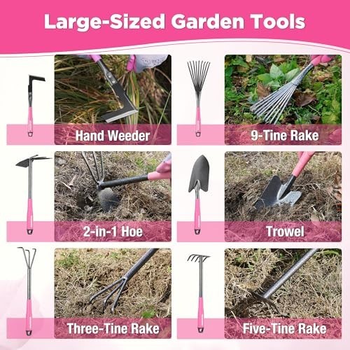 6-Piece Pink Gardening Tool Set – Heavy Duty Hand Tools with Soft Grip, Trowel,