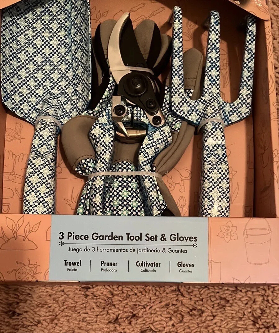 Essentials 3-piece Garden Tools Set Bonus Gloves, Trowel, Pruner, Cultivator New