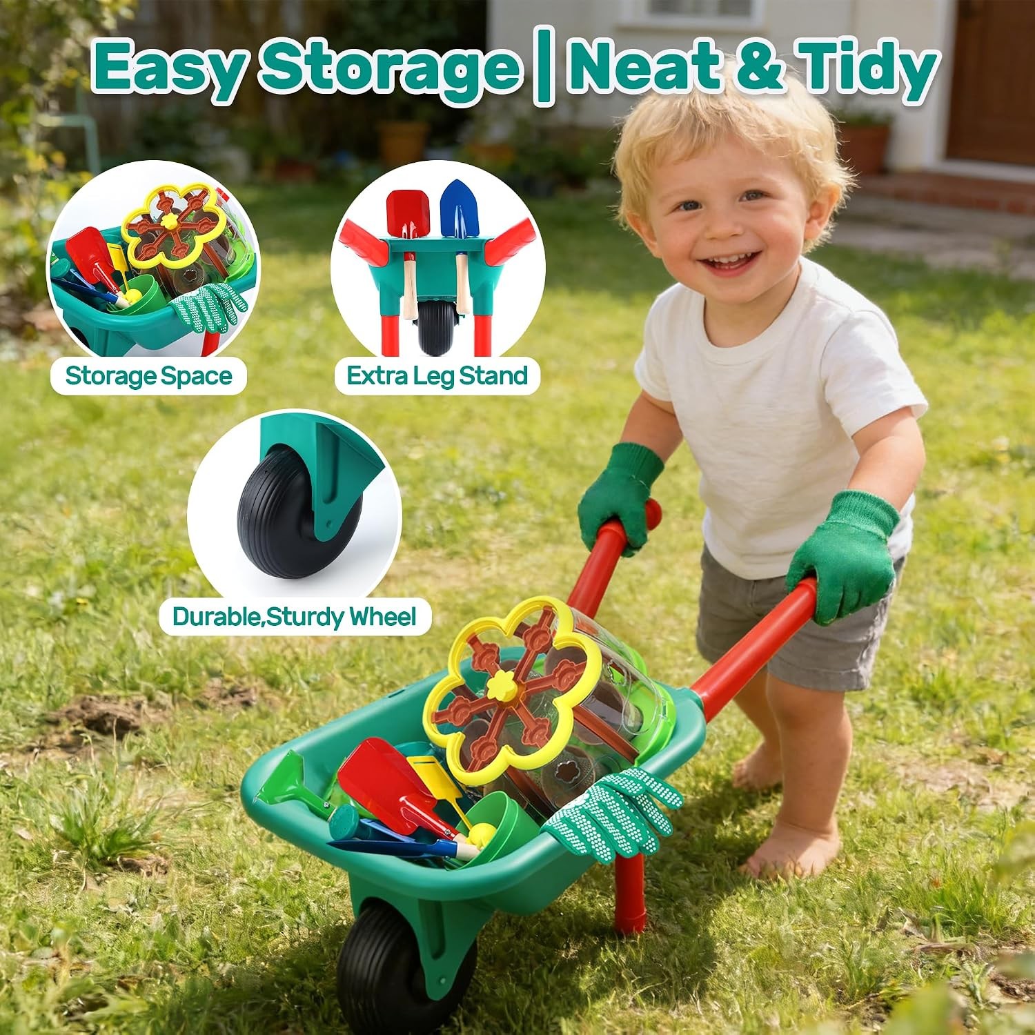 Kids Gardening Set Plant Growing Kit W/ Wheelbarrow 3 Metal Garden Tools & Kids